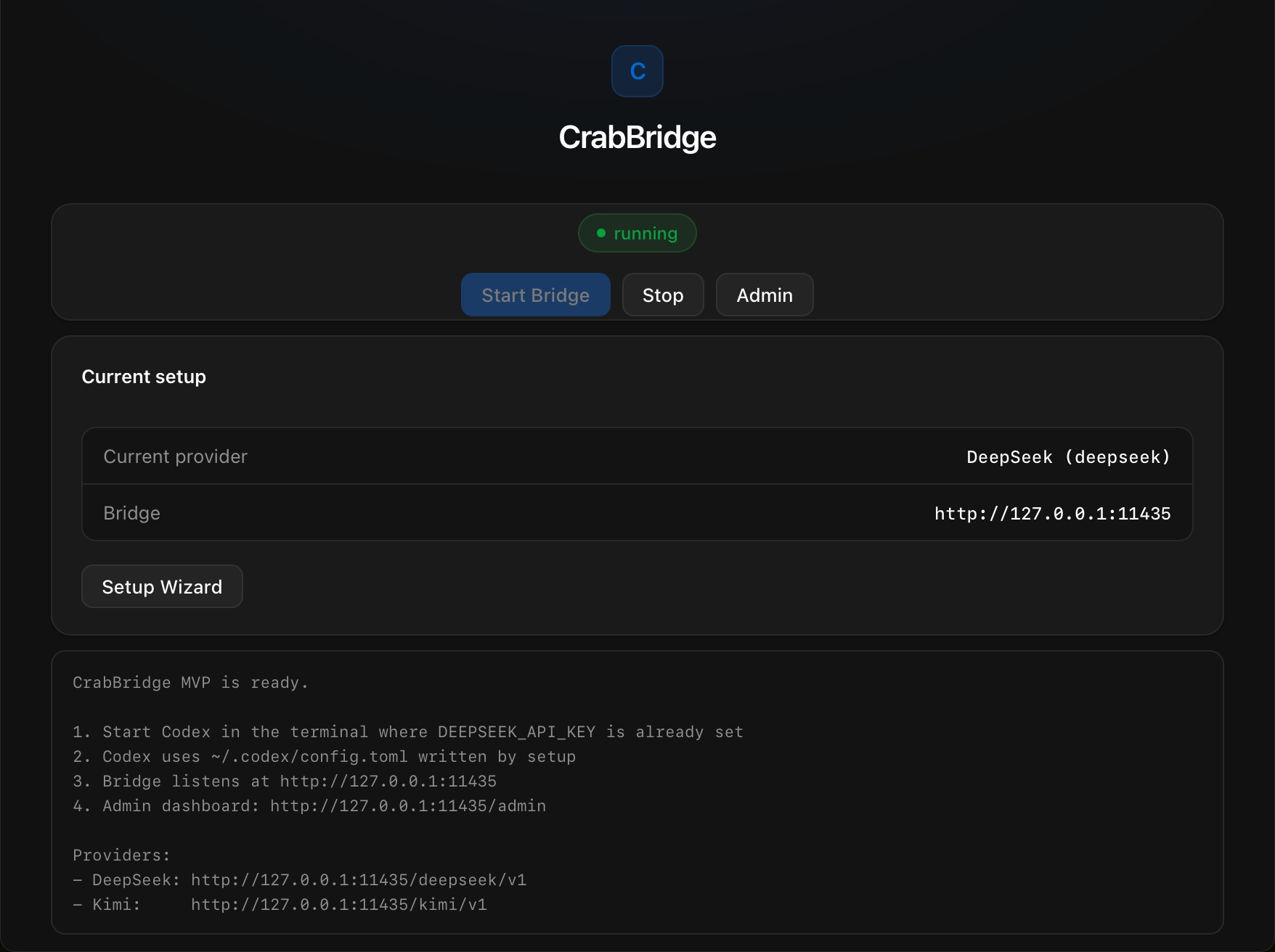 CrabBridge desktop app in dark mode: running status, Start Bridge / Stop / Admin, Current setup for DeepSeek, and ready checklist